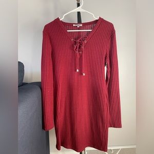 Wine colored sweater dress with tie neckline